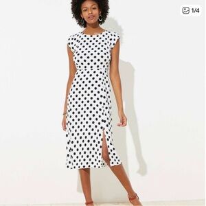 LOFT White Midi Dress with Black Polka Dots and Cap Sleeves